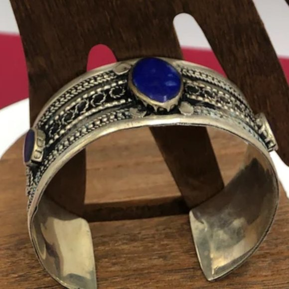 Single Vintage Kuchi Cuff Bracelet: Tribal Turquoise & Lapis Boho Jewelry - Picture 6 of 8